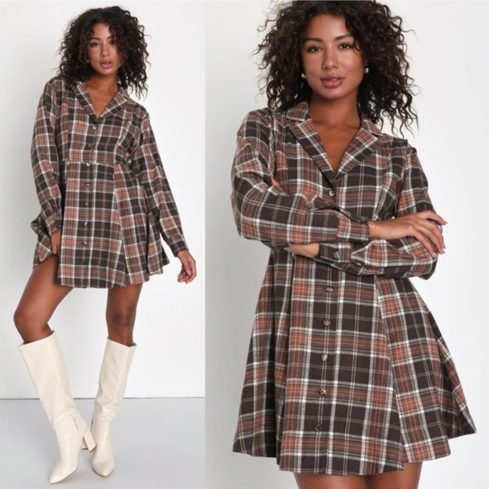 Lulus Autumnal Attitude Brown Plaid Skater Mini Dress Size XL